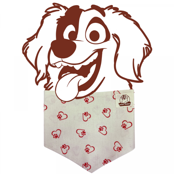 Natural cream with red pawprint & hearts dog bandana