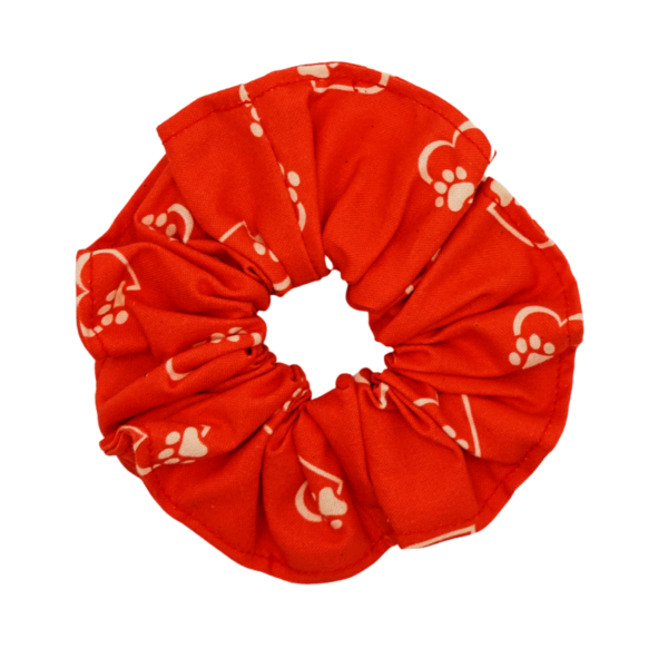 Red with white pawprint & hearts hair scrunchie